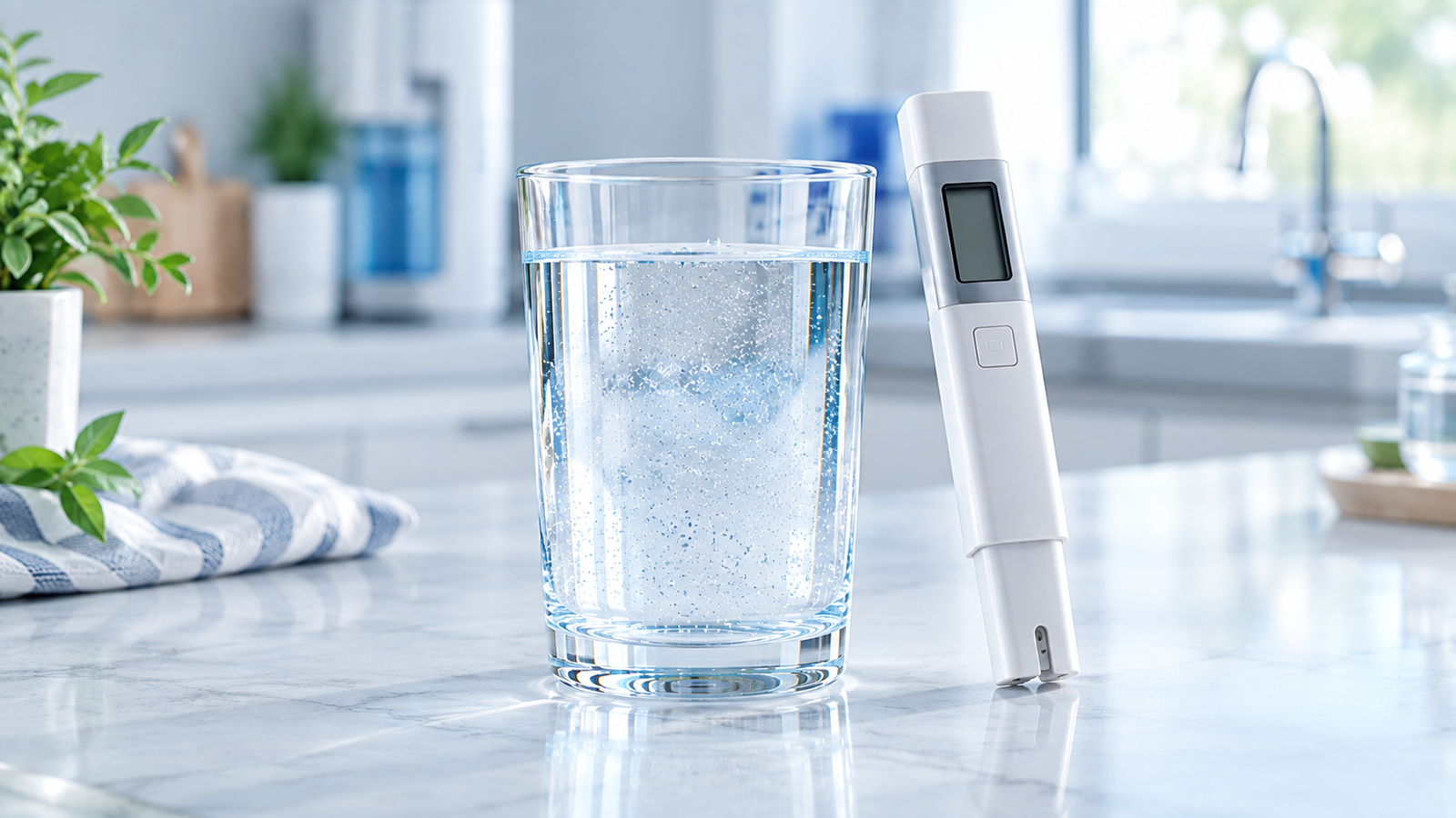 Digital TDS meter showing a higher dissolved solids reading in water