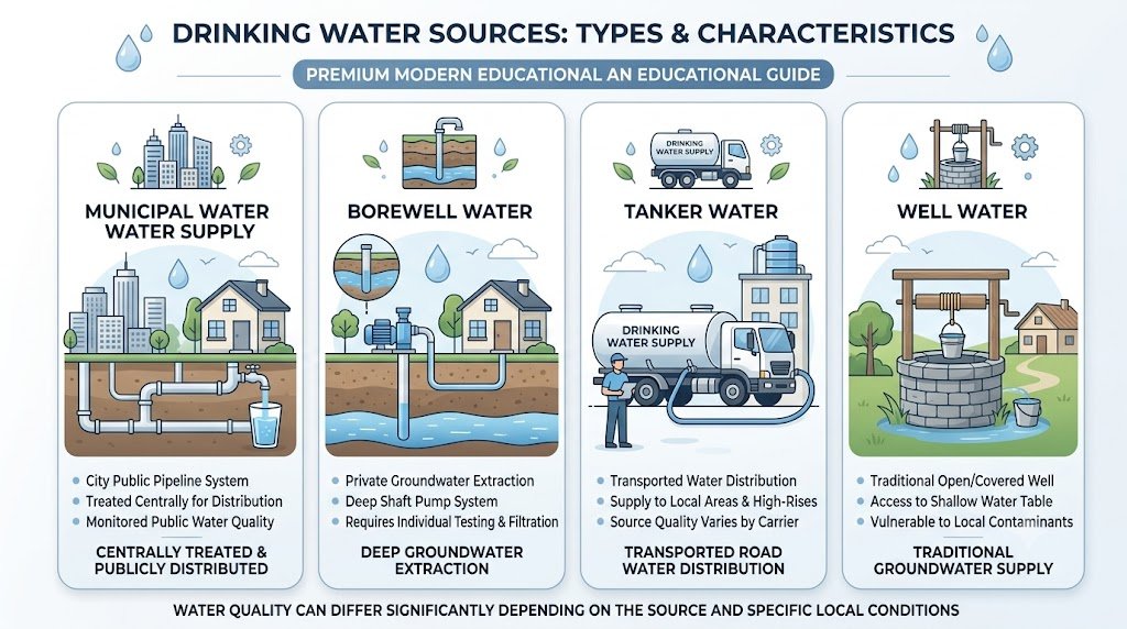 Different drinking water sources including municipal, borewell, tanker and well water