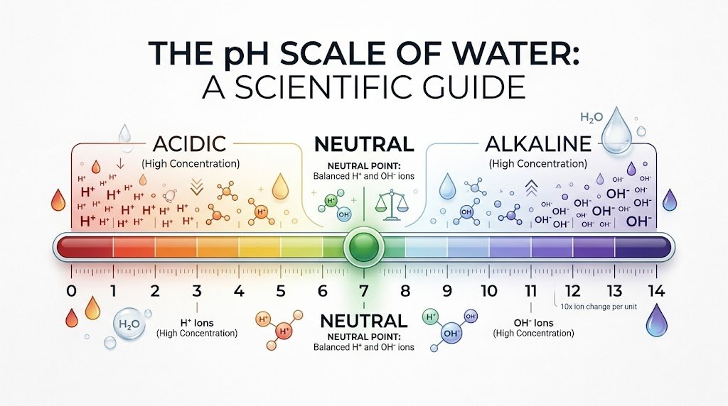 pH scale of water showing acidic, neutral and alkaline levels