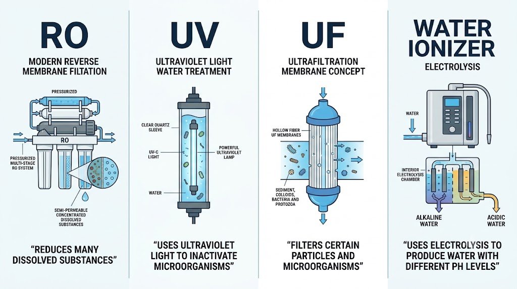 Comparison of RO, UV, UF and water ionizer technologies