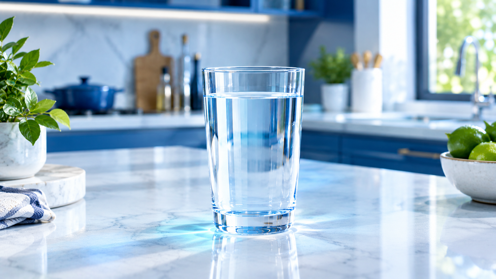 Glass of alkaline water in a modern kitchen