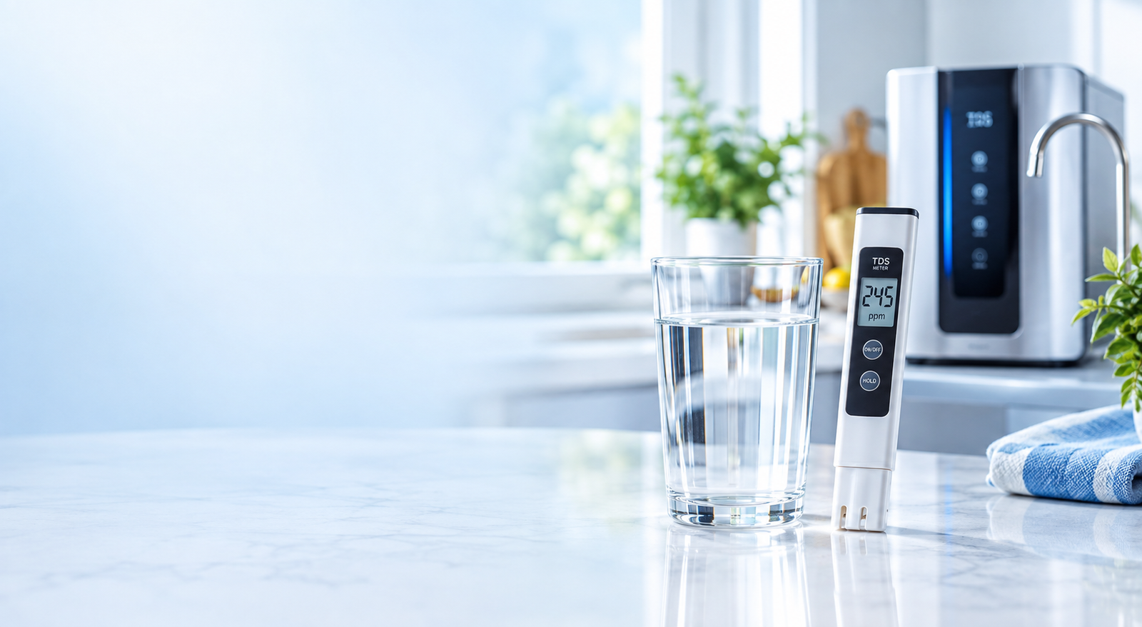 Digital TDS meter measuring drinking water in a modern kitchen